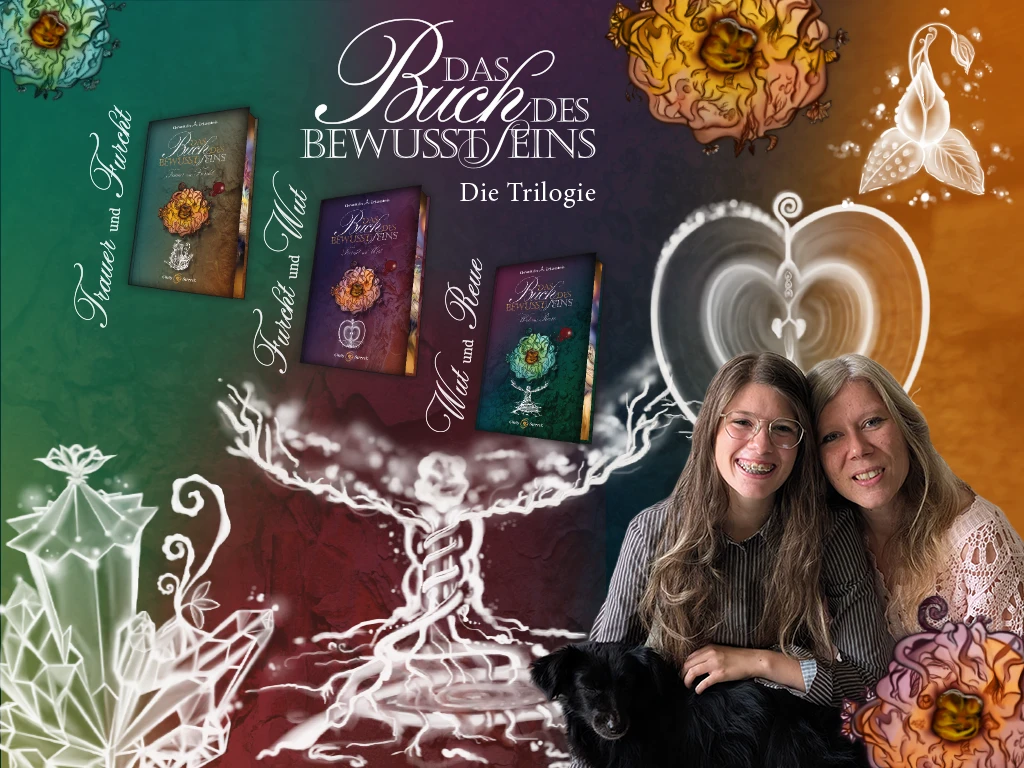 Collage zur Trilogie »Das Buch des BewusstSeins« mit den drei Buchcovern, Cindy Streeck, ihrer Tochter und Hündin Xanti