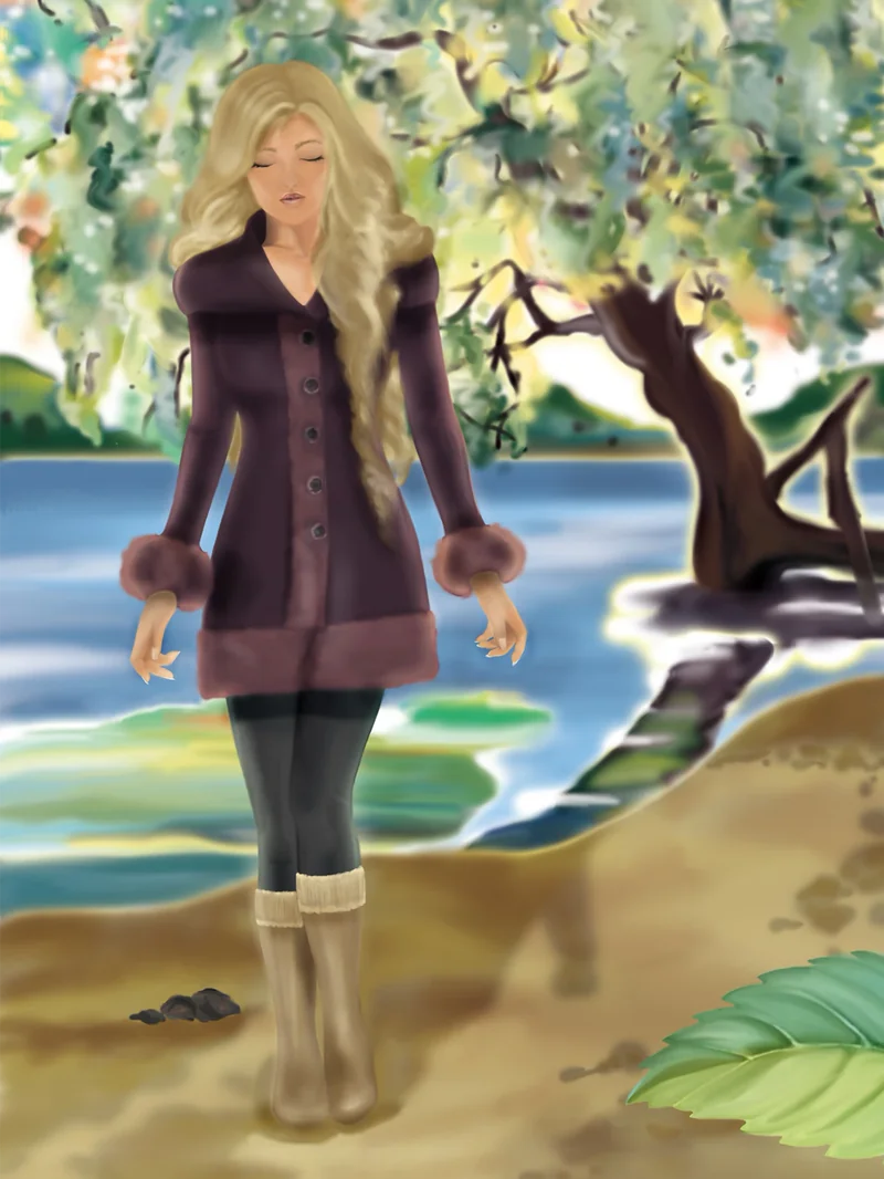 Eine junge Frau am Ufer unter einem blühenden Baum